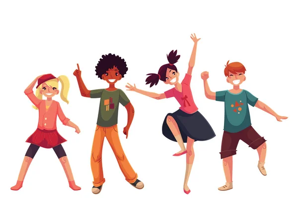 Niños pequeños bailando expresivamente, ilustración vectorial estilo caricatura — Vector de stock
