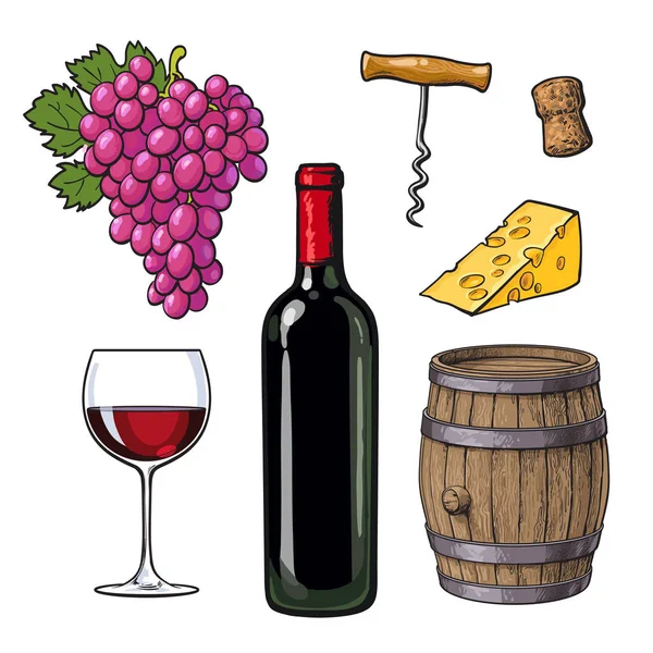 Набор вин из бутылки, стекла, бочки, винограда, сыра, пробки, штопора — стоковый вектор