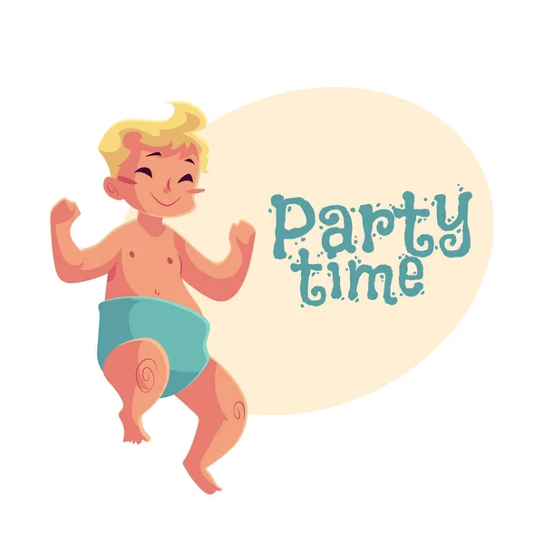 Cute little baby boy dancing happily, invitación a la fiesta, diseño de póster — Archivo Imágenes Vectoriales