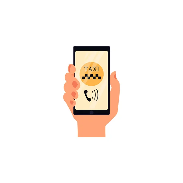 Hand holding phone with taxi calling app — Stock Vector