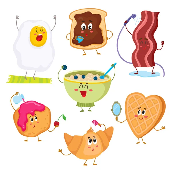 Set of cute and funny cartoon breakfast characters — Stock Vector