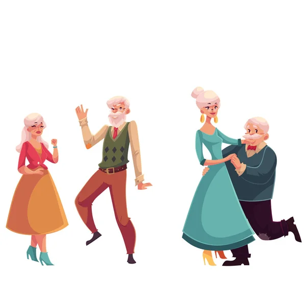 Deux couples de personnes âgées qui dansent ensemble — Image vectorielle