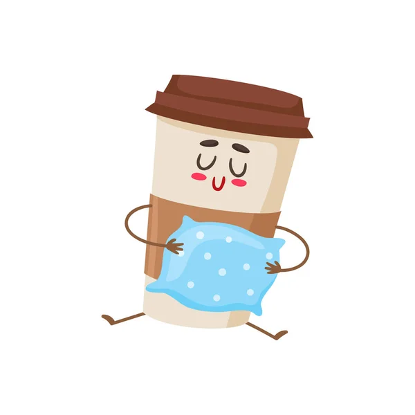 Personaje de taza de café de papel somnoliento divertido con una almohada — Vector de stock