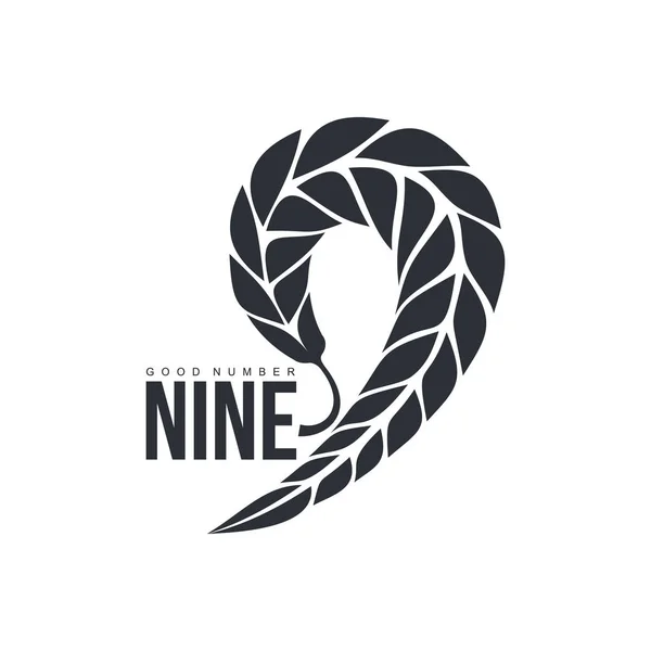 Logo numero nove in bianco e nero formato da spiga di grano — Vettoriale Stock