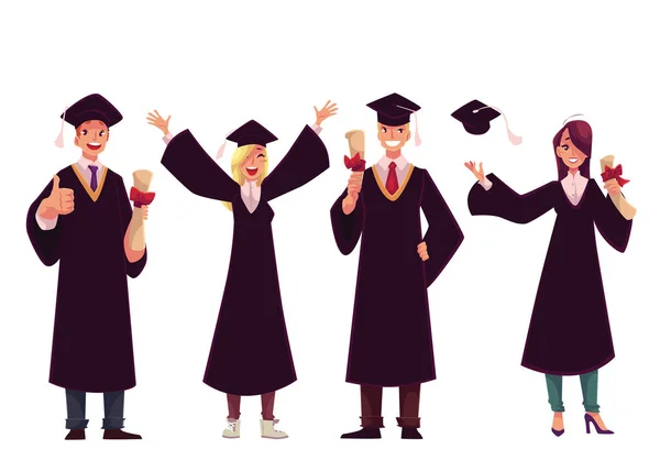 Estudiantes con gorras y batas tradicionales celebrando una graduación exitosa — Vector de stock