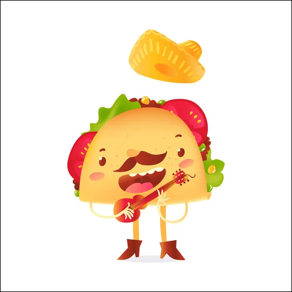 Feliz personaje de tacos en sombrero cantando y tocando guitarra mexicana — Vector de stock