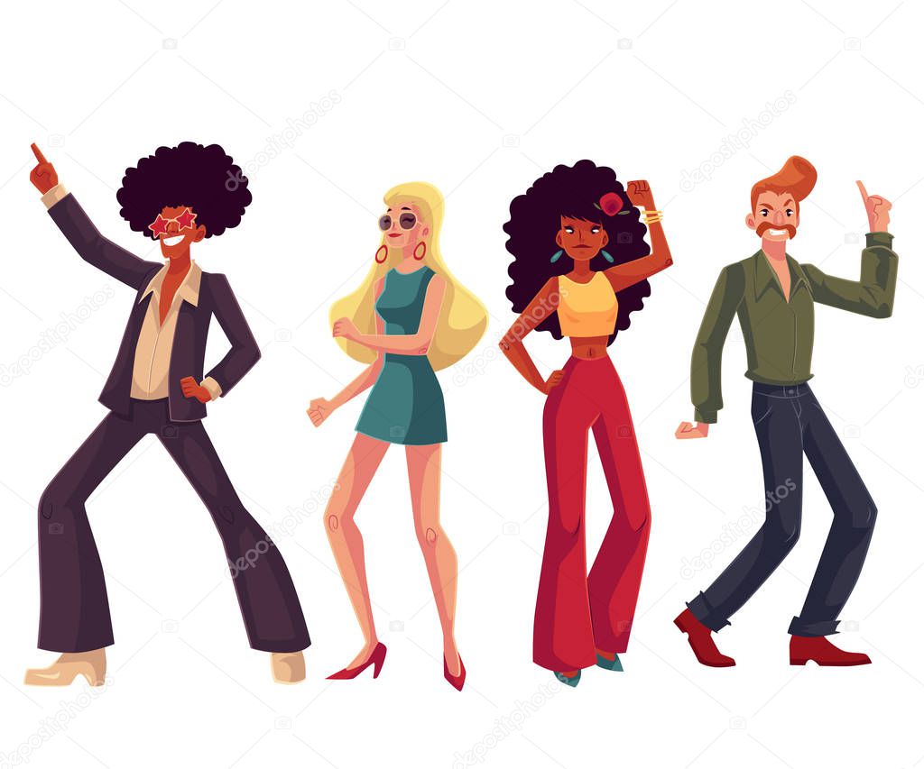 Persone in abiti stile anni '70 ballare discoteca Illustrazione stock