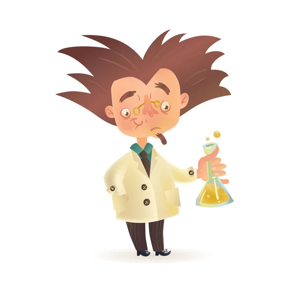 Θαμνώδης μαλλιά τρελός επιστήμονας στο εργαστήριο παλτό κρατώντας χημική φιάλη — Διανυσματικό Αρχείο