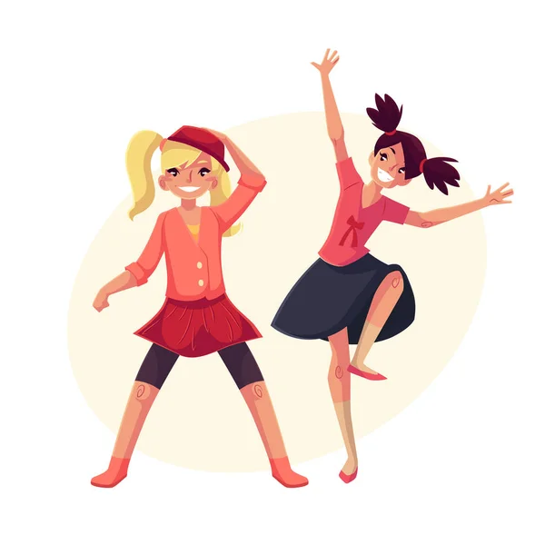 Portrait of teenaged two girls in pink clothes dancing — Stock Vector