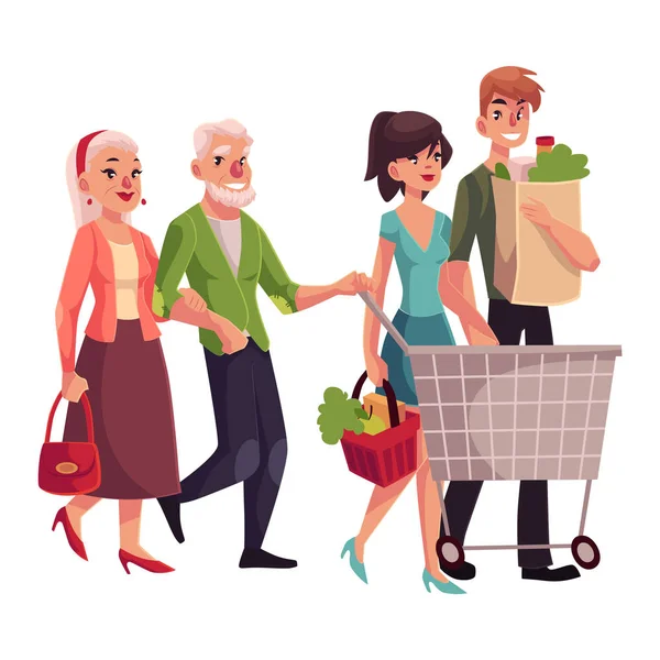 Пожилые и молодые пары ходят по магазинам, покупают продукты в продуктовом магазине — стоковый вектор