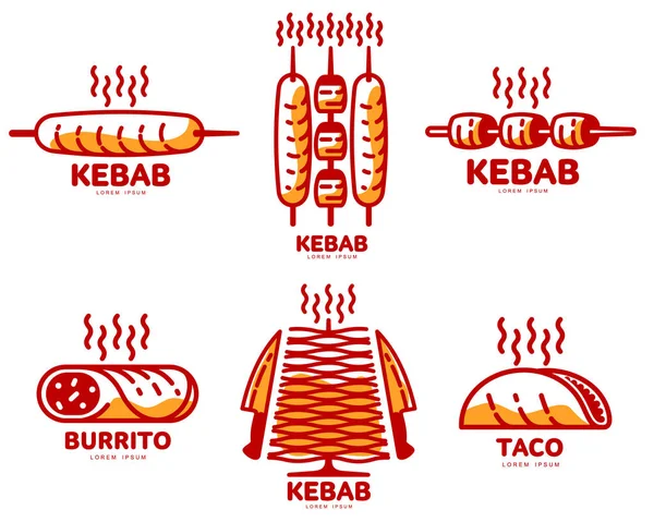 Set stilisierter Kebab, Burrito, Taco-Logo-Vorlagen, Vektorillustration — Stockvektor