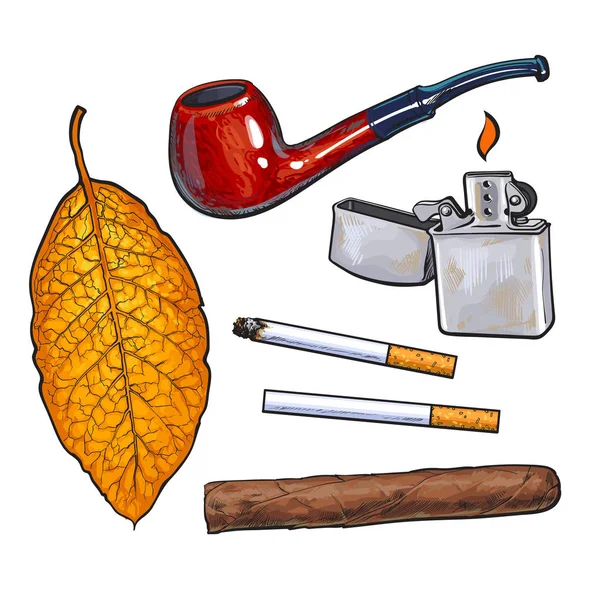Estilo de boceto pipa de fumar, encendedor, cigarro, cigarrillos y hoja de tabaco — Vector de stock