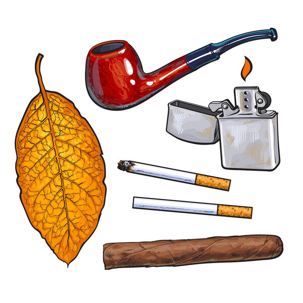 Sketch style smoking pipe, lighter, cigar, cigarettes and tobacco leaf