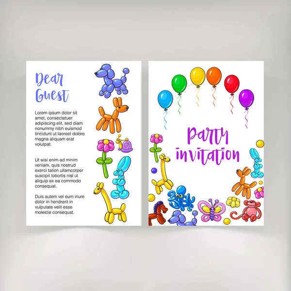 Poster, depliant, disegno invito con animali palloncino contorto — Vettoriale Stock