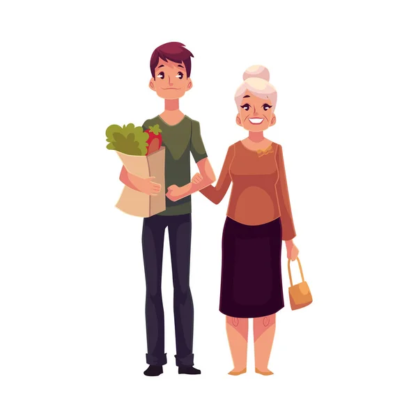 Jeune homme aidant grand-mère avec le shopping — Image vectorielle