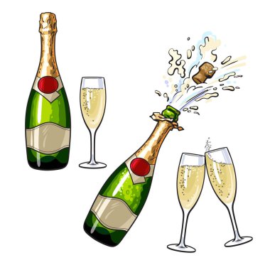 Closed, open champagne bottle and glasses clipart