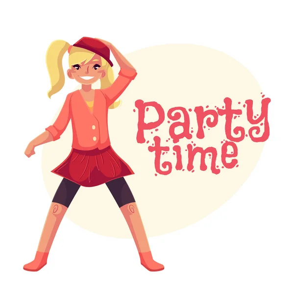 Portrait of teenaged blond girl in pink clothes dancing — Stock Vector