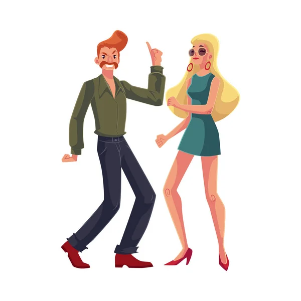 Red haired man, blond woman 1970s style clothes dancing disco — Stock Vector