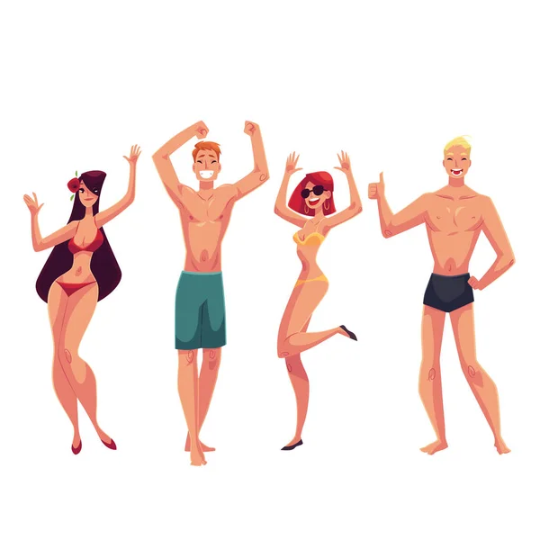 在游泳套装和短裤的海滩上跳舞的人 — 图库矢量图片