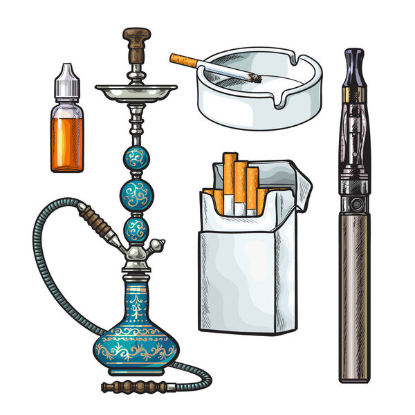 Кальян, упаковка, пепельница, электронная сигарета и табак электронной жидкости
