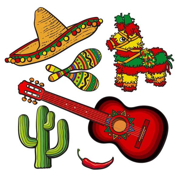 Conjunto mexicano sombrero, pinata, maraca, cacto, chili e guitarra espanhola — Vetor de Stock