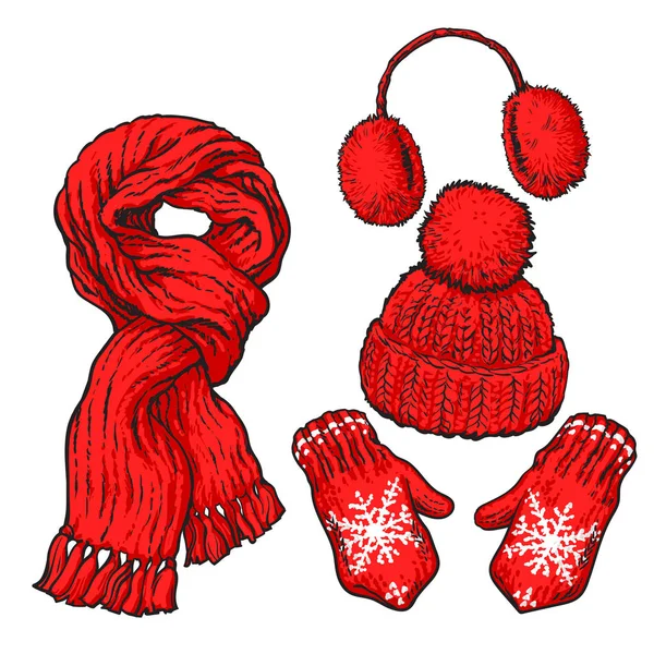 赤い結び目スカーフ、帽子、耳あて、ミトンのセット — ストックベクタ