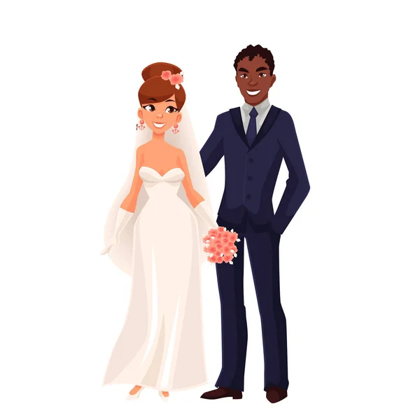 Caucasian bride and African groom, just married couple — Stock Vector