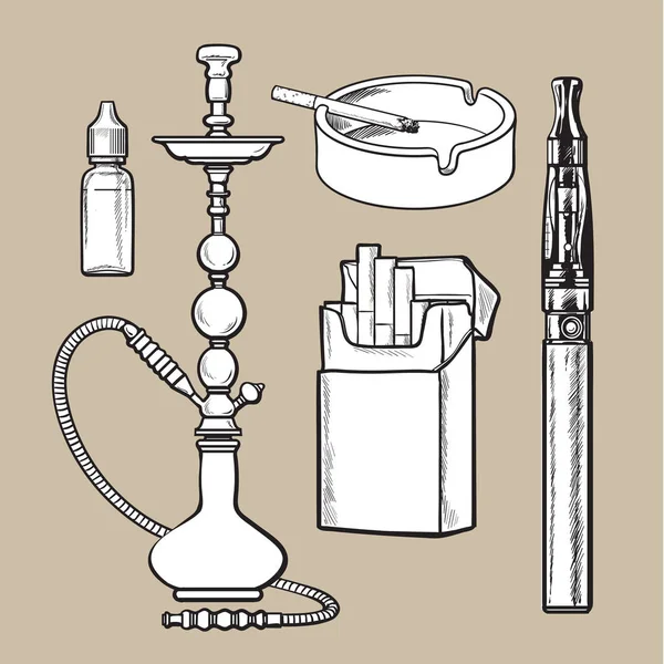 Hookah, pack, ashtray, electronic cigarette and tobacco e-liquid set — Stock Vector