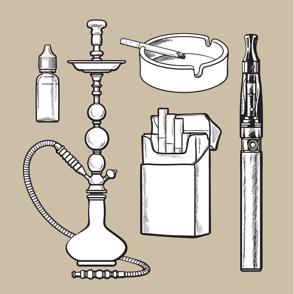 Кальян, упаковка, пепельница, набор электронных сигарет и табачной жидкости
