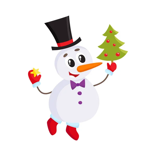 Cute and funny little snowman decorating a Christmas tree — Stock Vector