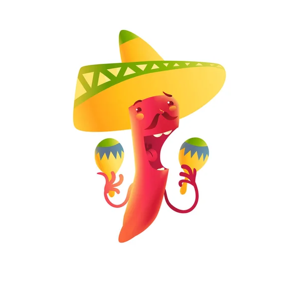 Happy chili pepper character in sombrero playing Mexican maracas — Stock Vector