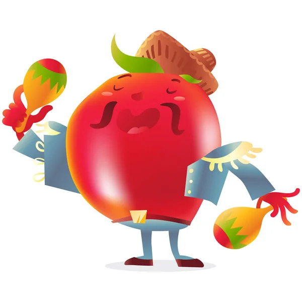 Personagem de tomate vermelho em torero roupas cantando e jogando maracas —  Vetores de Stock