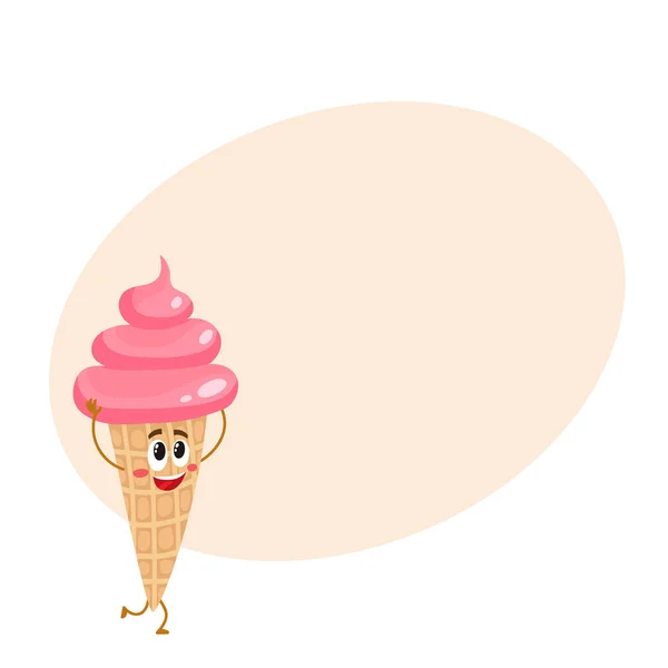 Divertente personaggio del gelato rosa nel cono di wafer — Vettoriale Stock