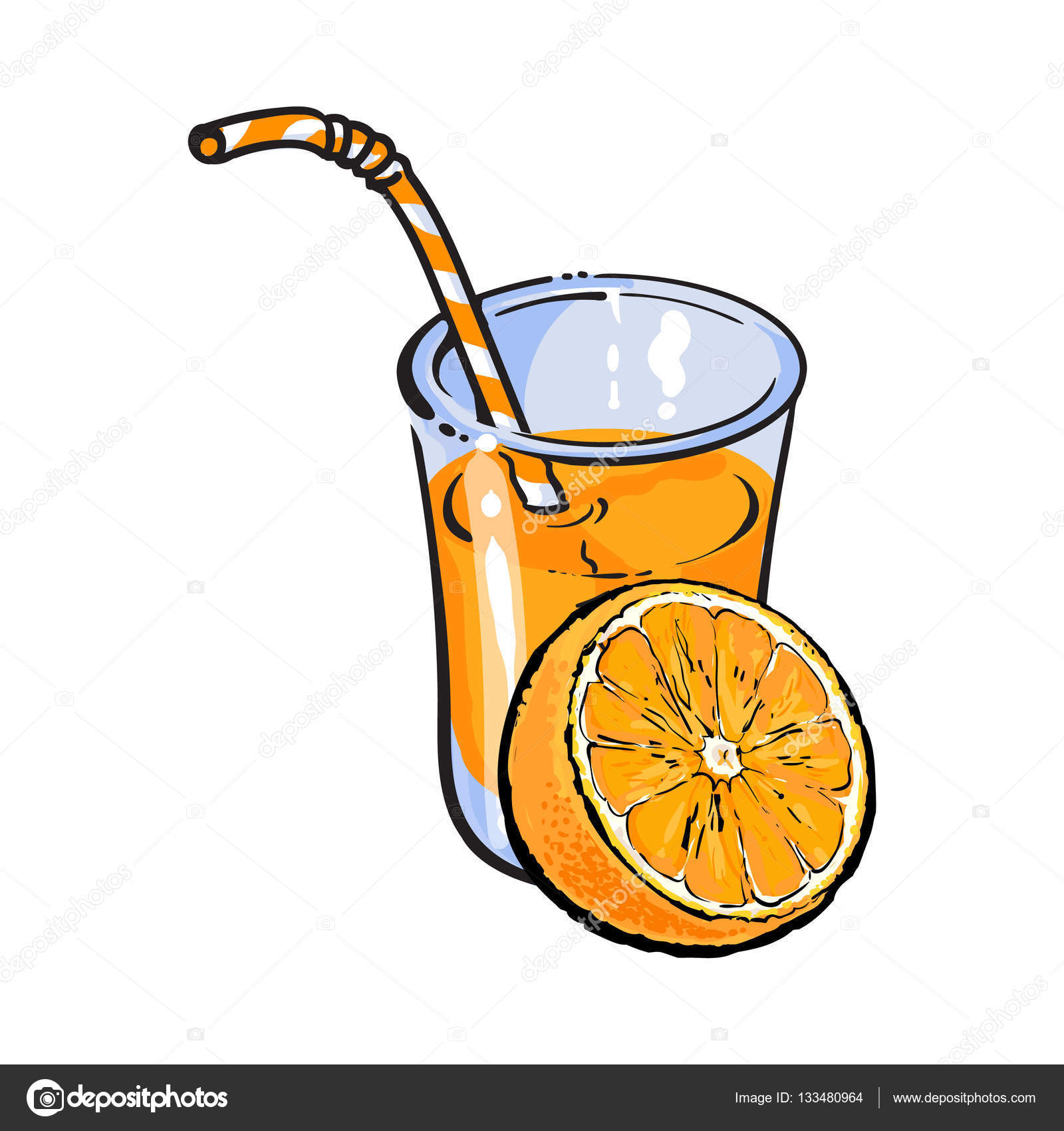 Glass Of Freshly Squeezed Juice With Orange Half Vector