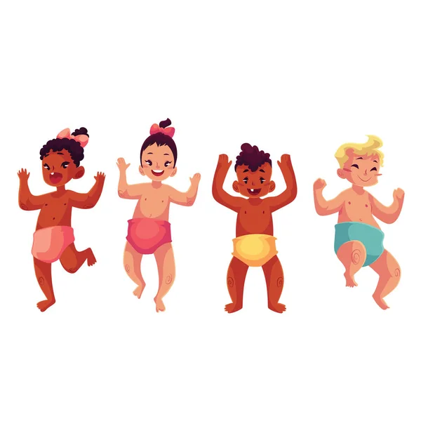 Conjunto de bebés lindos, niños y niñas, bailando felizmente — Vector de stock