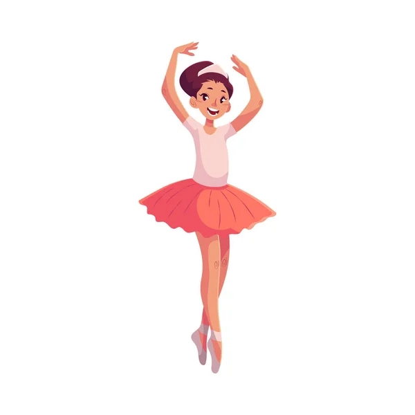 Little ballerina in pink tutu standing on toes hands up — Stock Vector