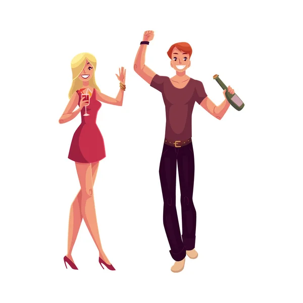 Hombre y mujer bailando en la fiesta, bebiendo alcohol, divirtiéndose — Archivo Imágenes Vectoriales