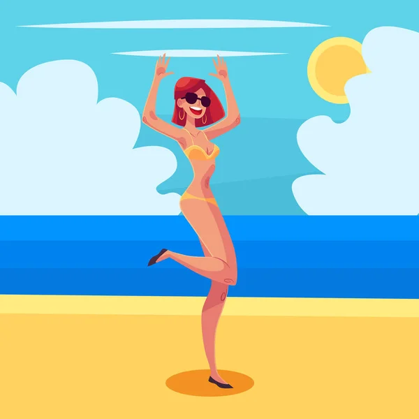 Kurviga kvinna med långt svart hår i bikini Dans — Stock vektor