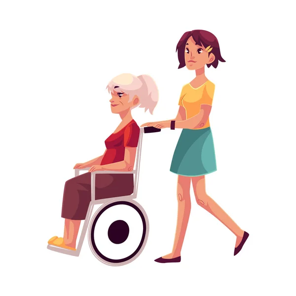 Jovem mulher passeando avó em cadeira de rodas —  Vetores de Stock