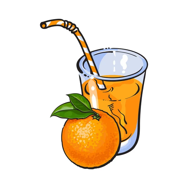 Copo de suco espremido na hora com uma laranja inteira —  Vetores de Stock