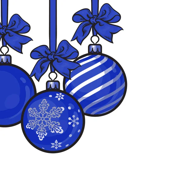Blå julgranskulor med band och rosetter — Stockfoto