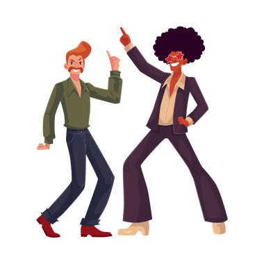 Black and white men in 1970s style clothes dancing disco vector
