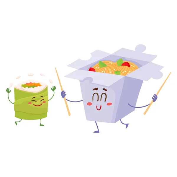 Kağıt kutusu ve avokado rulo karakterleri Japon şehriye gülümseyen — Stok Vektör