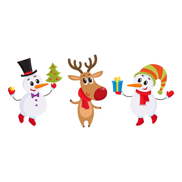 Fularlı Noel reindeer ile şapka ve eldiven Dnowman — Stok Vektör