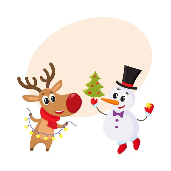 Snowman holding Christmas tree and reindeer with a garland — Stock Vector