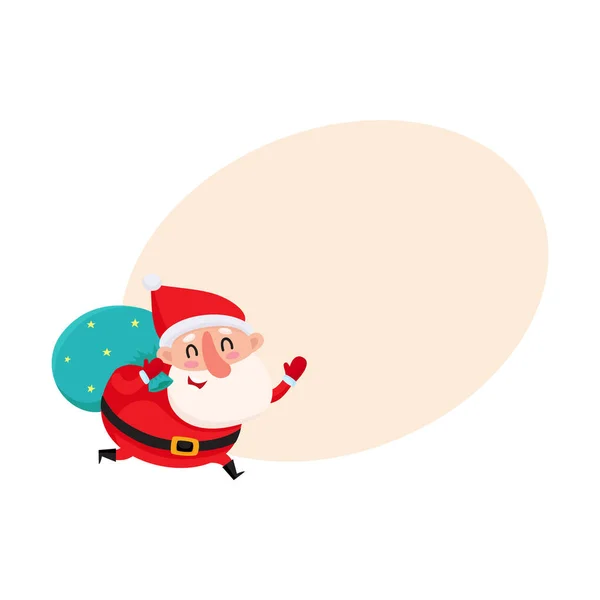 Rolig tomte kör med väska av julklappar — Stock vektor
