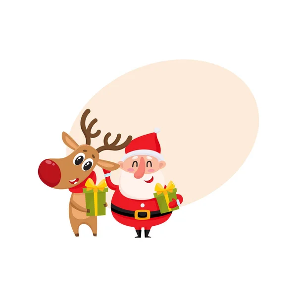 Funny Santa Claus and reindeer holding Christmas gifts, presents — Stock Vector