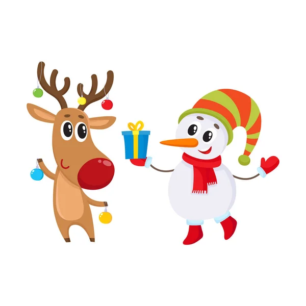 Dnowman in hat and mittens with Christmas reindeer in scarf — Stock Vector