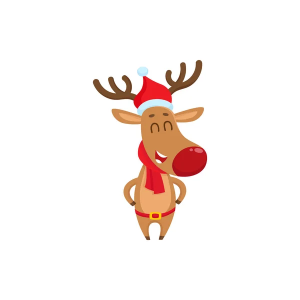 Cute, funny Christmas reindeer in red hat, scarf and belt — Stock Vector