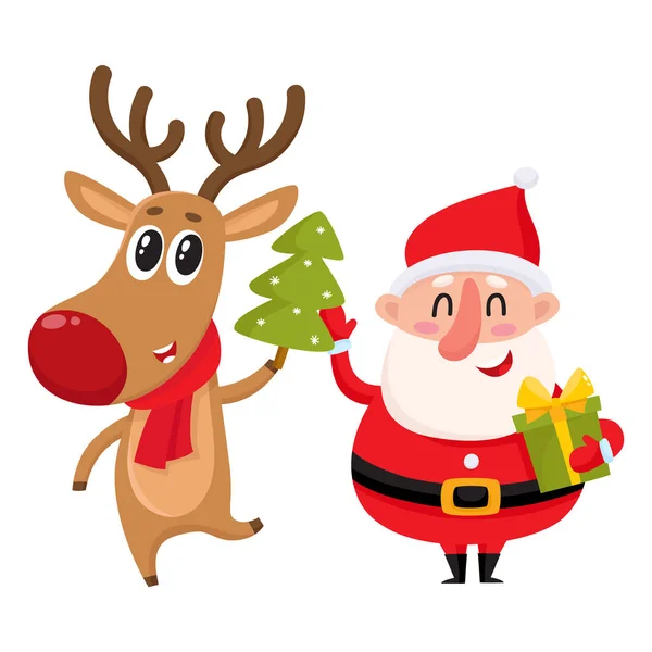 Funny Santa Claus and reindeer in red scarf standing together — Stock Vector